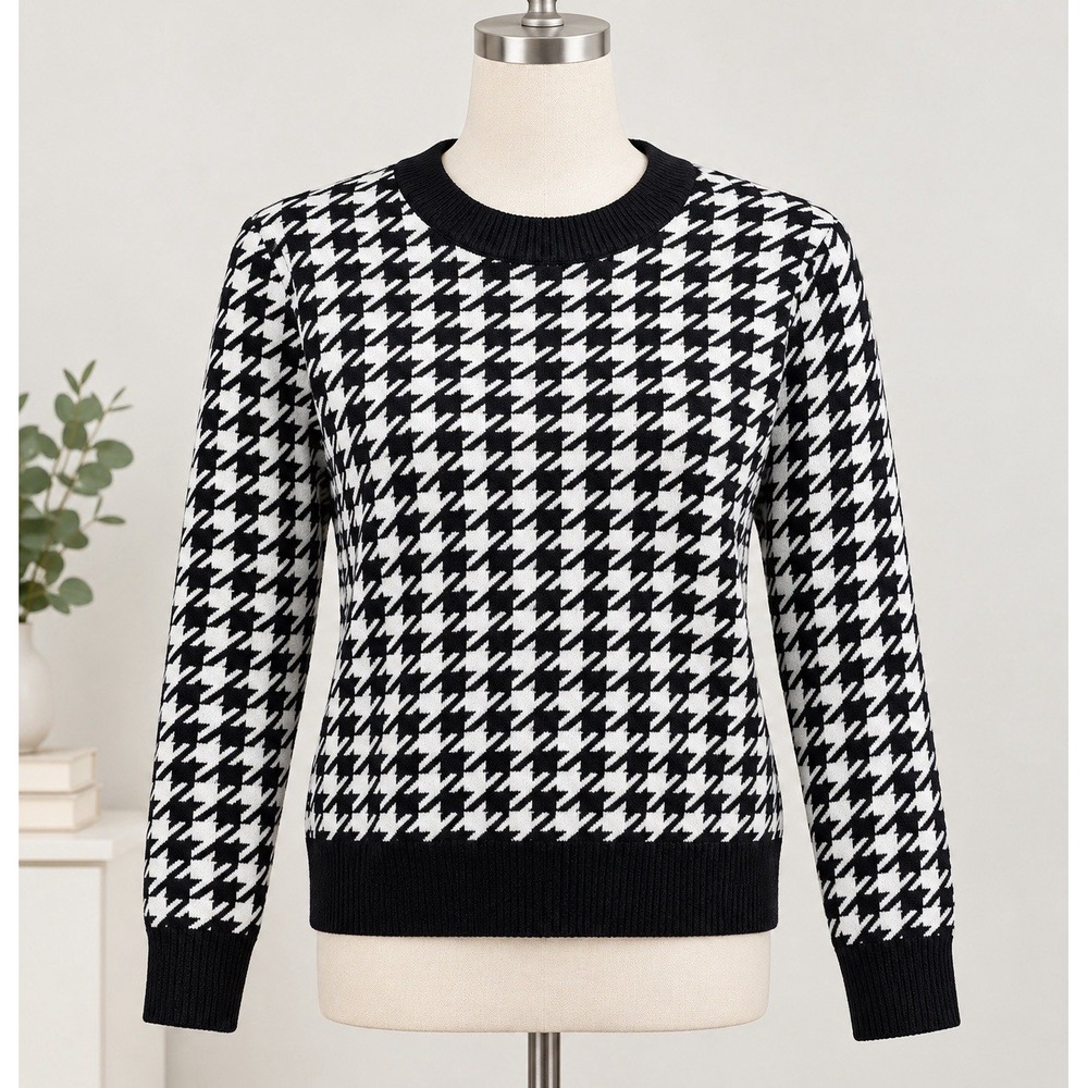 T Tahari Black White Houndstooth Knit Sweater Women’s M | Preppy Dark Academia